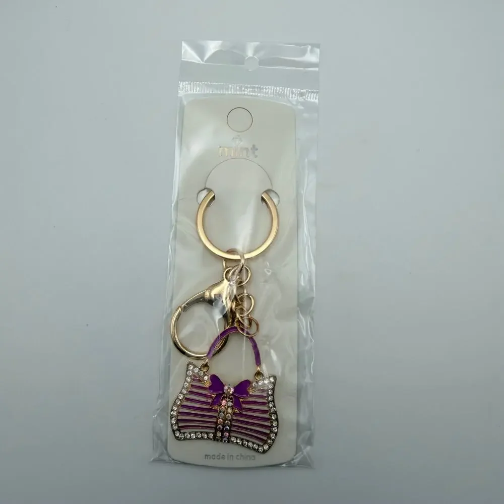 3/$25 - Magenta Handbag Purse Charm Rhinestone Keychain Gold Tone - Picture 2 of 3